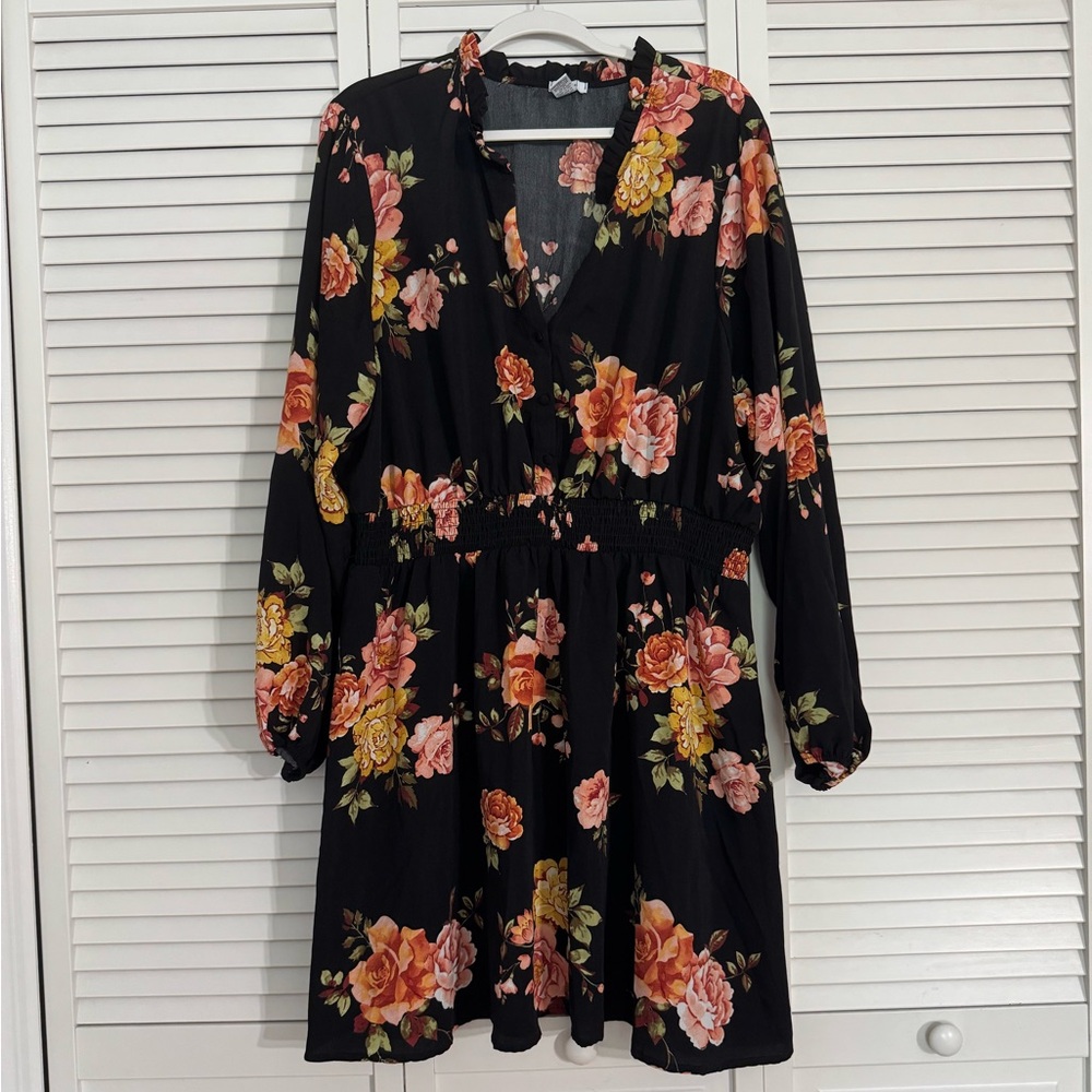 Rue+ Black Floral Long Sleeve Dress with Smocked Waist Plus Size Whimsigoth 3X